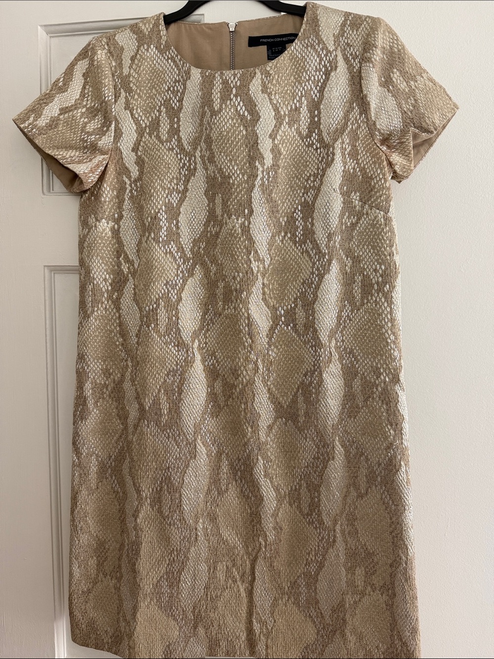 French Connection Gold and Cream Snake-Print Shift Dress